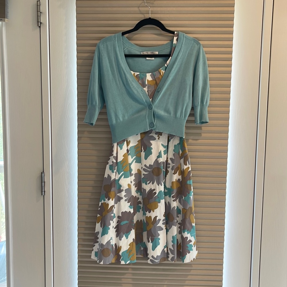 Maggot London dress with teal cardigan.